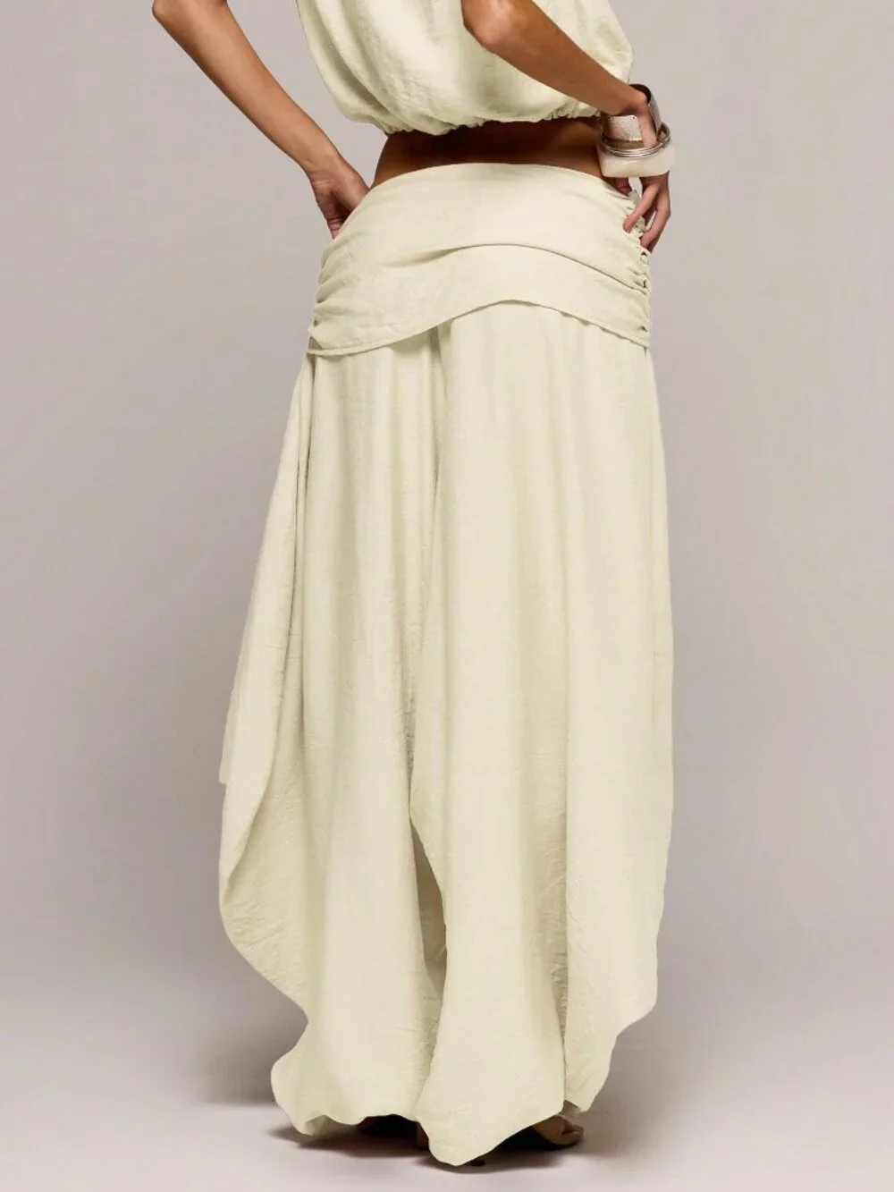 Cream Elegant Women's Low Rise Textured Wide Leg Trousers